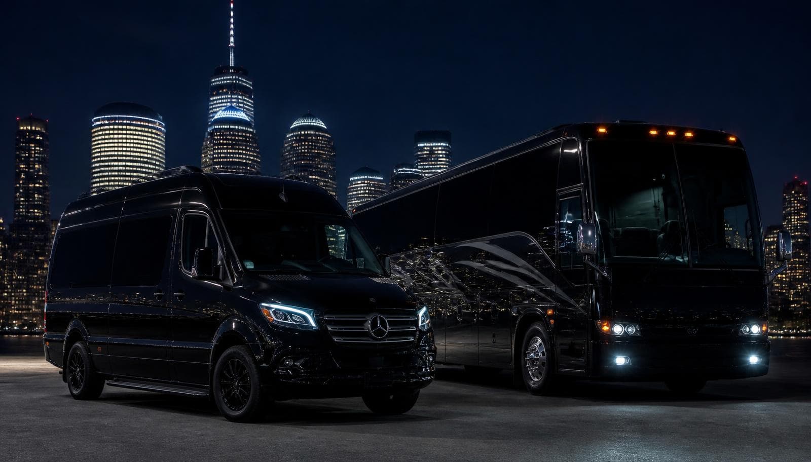 A luxury Sprinter van and motor coach parked at night in front of a city skyline